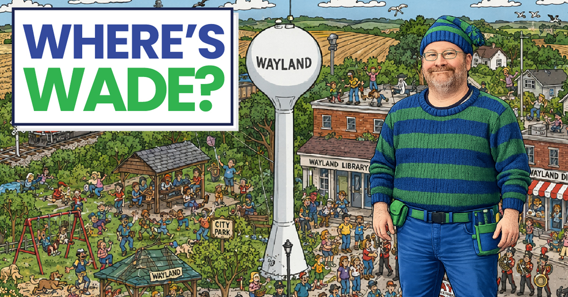 KCTC Where’s Wade promotional hero image featuring Wade in Wayland, Iowa encouraging residents to sign up for fiber internet