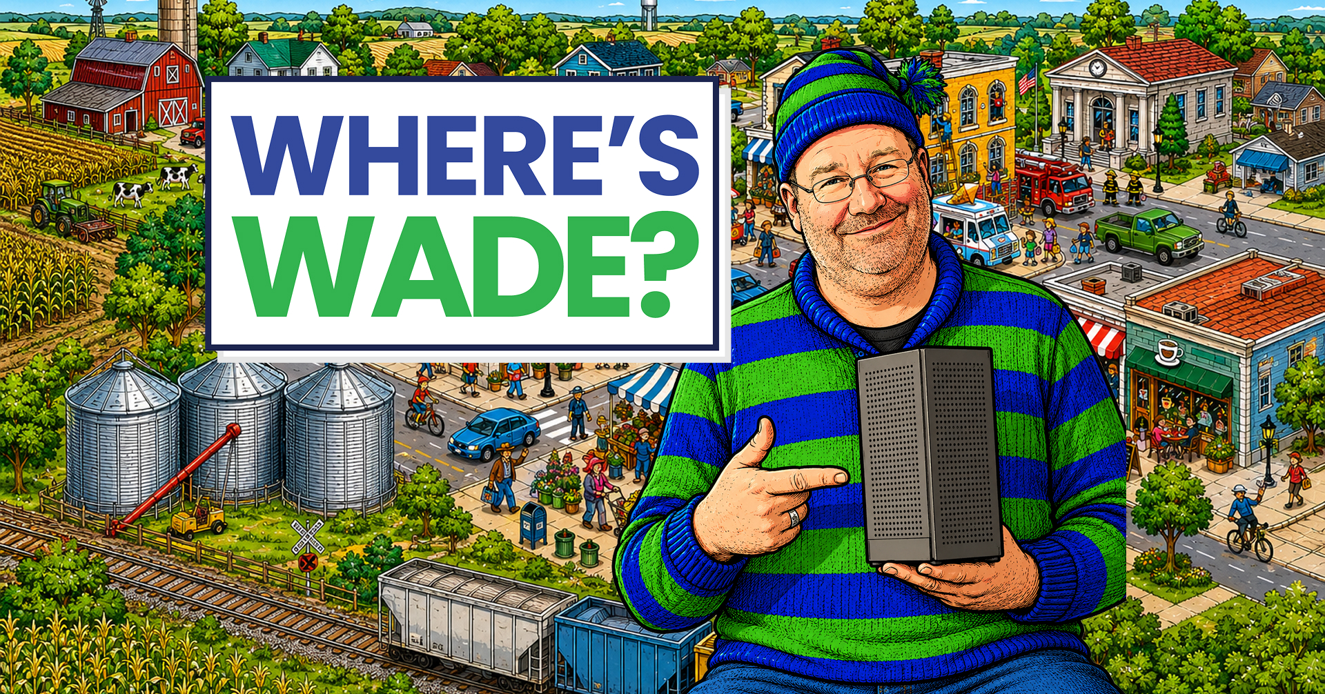 KCTC Where’s Wade hero image featuring Wade holding a tablet in Wayland to promote fiber internet signups
